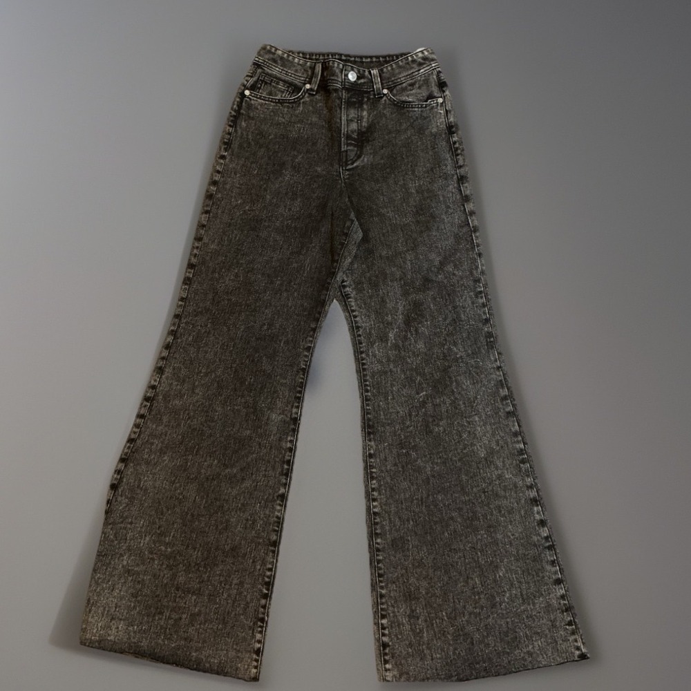 Wide Leg Full Length Jeans Women Size 5 Lincoln Black Acid Wash Raw Hem ESWP0025